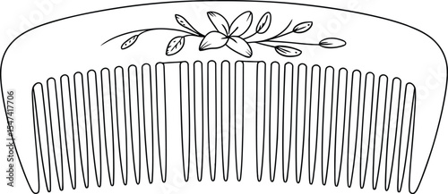 Vector Black Outline Decorative Comb with Floral Design, Hair Accessory.
