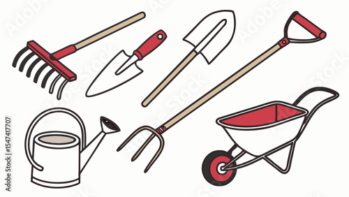 A collection of essential gardening tools including a rake, shovel, trowel, pitchfork, watering can, and wheelbarrow, in a clean vector art style.
