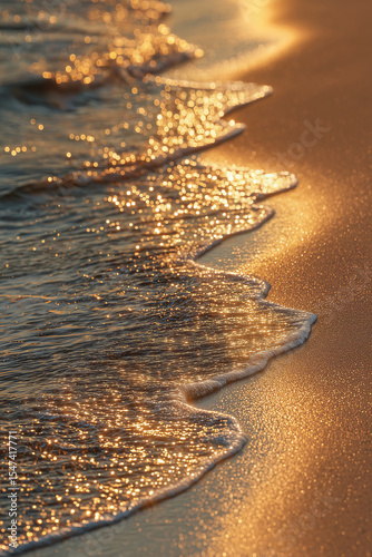 Fototapeta Naklejka Na Ścianę i Meble -  gentle wave kisses the shore, sparkling in the warm golden light. The soft ripple of water glimmers like liquid gold, creating a dreamy, serene coastal moment captured in close detail.