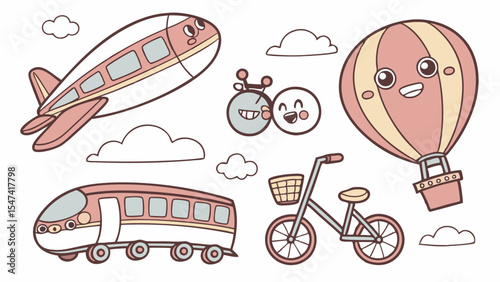 Cute cartoon pastel pink and cream transportation vehicles set with an airplane, hot air balloon, train, and bicycle illustrations.