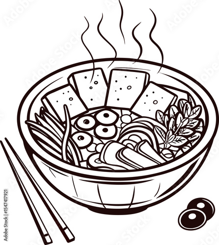 Steaming tofu ramen bowl with mushrooms, seaweed, greens, and chopsticks in detailed black and white line art