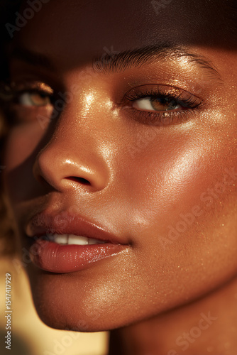 A close-up of a stunning woman with glowing brown skin, soft golden eyeshadow, glossy lips, and warm sunlight highlighting her face. The look is radiant, natural, and elegant with a golden-hour finish