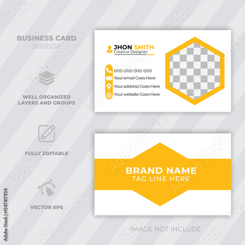 Modern business card design template with yellow and white color scheme for creative professionals