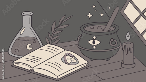 Vintage Style Flat Design Witchcraft Illustration with Bubbling Cauldron, Open Grimoire, Potion Bottle, and Lit Candle. Cozy Occult Magic Art.