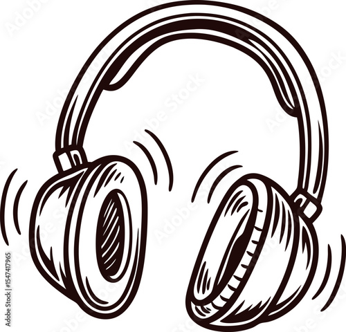 hand drawn sketch of modern over ear headphones with sound vibration lines isolated on white background