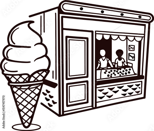 Ice cream shop exterior with large cone sign and staff serving behind counter in hand drawn illustration