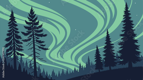Serene Aurora Borealis design featuring majestic evergreen trees against a night sky