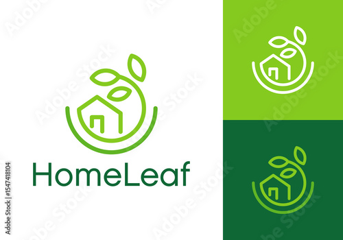 house and leaf logo. nature life home circle line art vector design concept