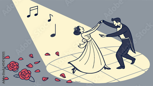Formal ballroom dancing couple in elegant dress and tuxedo under a spotlight with musical notes and scattered red rose petals, a romantic classic illustration.