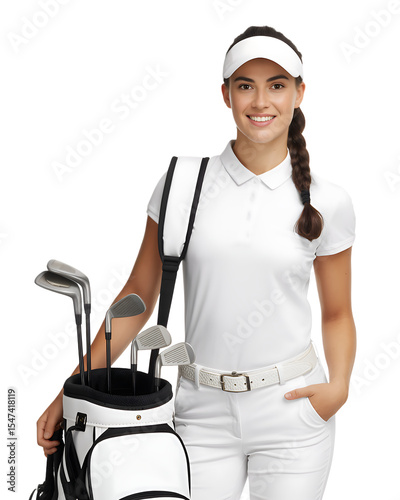 Smiling female golfer with golf bag in white outfit on transparent background