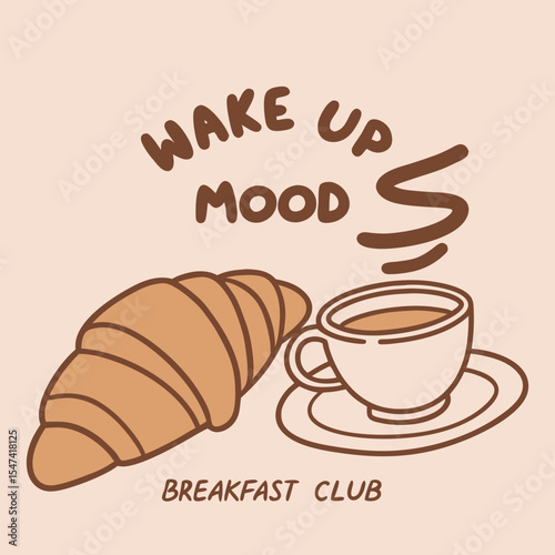Hand Drawn Sketch Style Illustration Croissant Coffee Cup Wake Up Mood Breakfast Club Beige Background Brown Lines