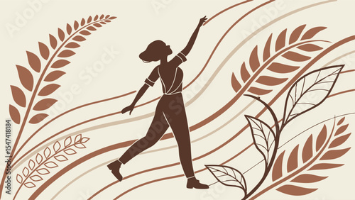 Earthy brown silhouette of a woman reaching upward, surrounded by flowing wheat and organic leaves, a minimalist flat design illustration of natural growth and aspiration.