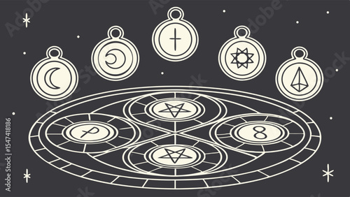 Esoteric Occult Symbols Art Dark Background. Mystical Magical Diagram with Celestial Charms, Pentagrams, Ankh, Infinity, Moon, Stars. Spiritual Line Art.