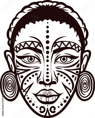Hand drawn tribal woman portrait with traditional face tattoos, earrings, and headscarf in vintage engraved ink