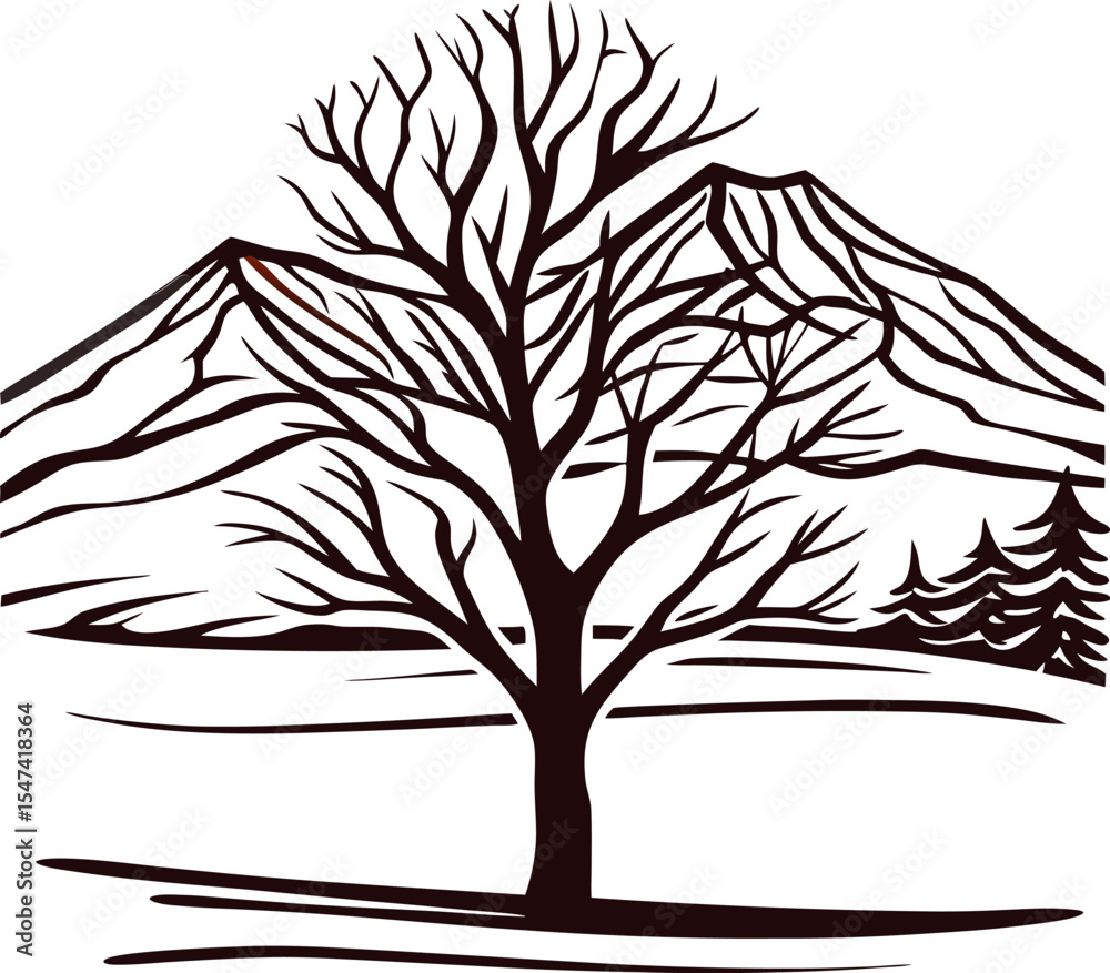 Obraz premium Bare winter tree silhouette with distant mountain landscape and conifer trees on white background illustration