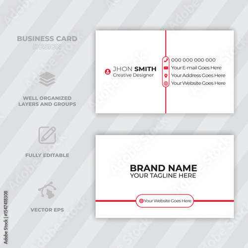 Professional business card template design with modern red accents for branding and contact information