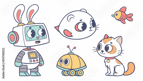 Cute cartoon vector illustration of friendly characters. Adorable bunny-eared robot, sweet cat, whimsical seal, small fish, and a tiny wheeled robot for kids designs.