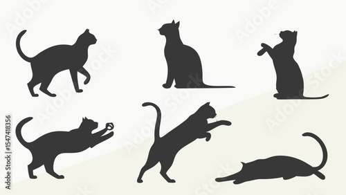 Six black cat silhouettes vector set showing various feline poses like walking, sitting, playing, and stretching. Minimalist pet animal icons for design projects.