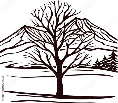 Bare winter tree silhouette with distant mountain landscape and conifer trees on white background  illustration