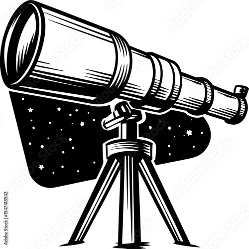 Vintage engraved drawing of an astronomical telescope on tripod with starry sky background illustration