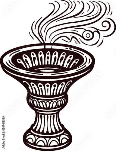 Ornate hand drawn burning incense bowl with decorative swirling smoke lines in vintage engraved illustration