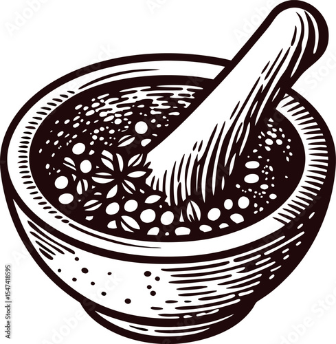 Hand drawn engraved mortar and pestle with herbs and seeds vintage botanical illustration for natural remedies