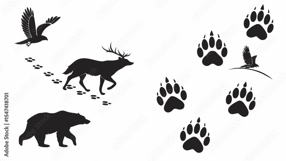 Fototapeta premium Black silhouettes of wild animals and their tracks. Bear paw prints, deer hoof prints, and bird footprints. Nature wildlife tracking vector graphics.