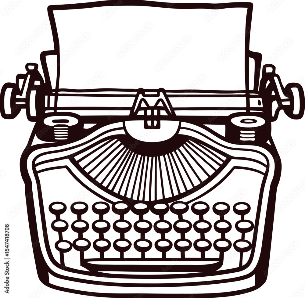 Vintage hand drawn typewriter illustration with blank paper and classic retro design isolated on white background
