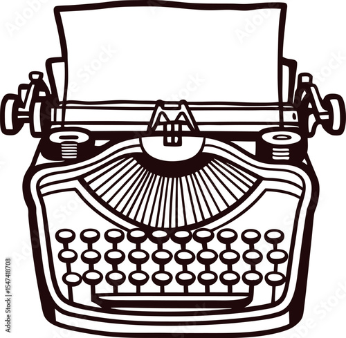 Vintage hand drawn typewriter illustration with blank paper and classic retro design isolated on white background