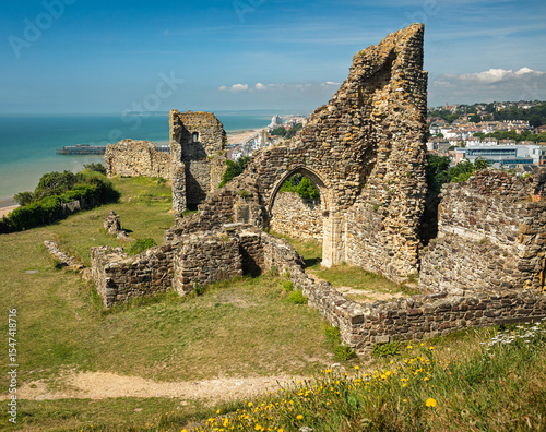 View west from inside the grounds of the ruins of Hastings Castle on top of West Hill east Sussex south east England UK