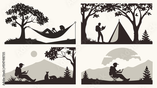 Vector silhouettes of people enjoying nature. Outdoor relaxation, reading, and remote work scenes in forests, mountains, and camping settings, black and white.