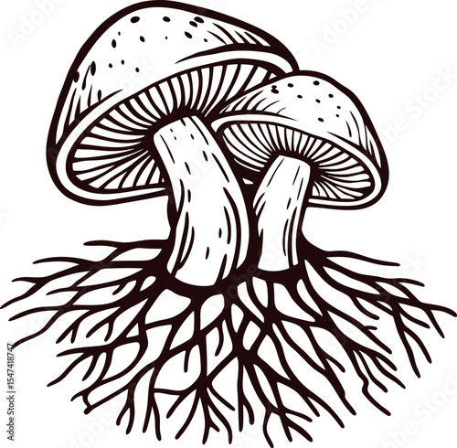 Hand drawn illustration of two wild mushrooms with visible roots isolated on white background
