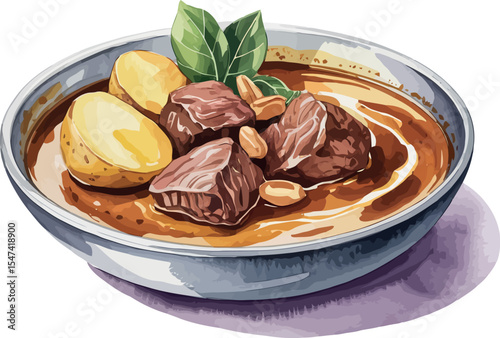 A watercolor illustration of massaman curry with tender beef chunks, potatoes, peanuts, and aromatic sauce served in a white bowl