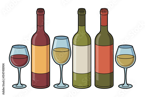 Three Wine Bottles with Glasses of Red and White Wine