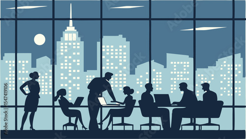Nighttime business meeting in a modern office overlooking a city skyline, vector illustration of corporate professionals collaborating with laptops