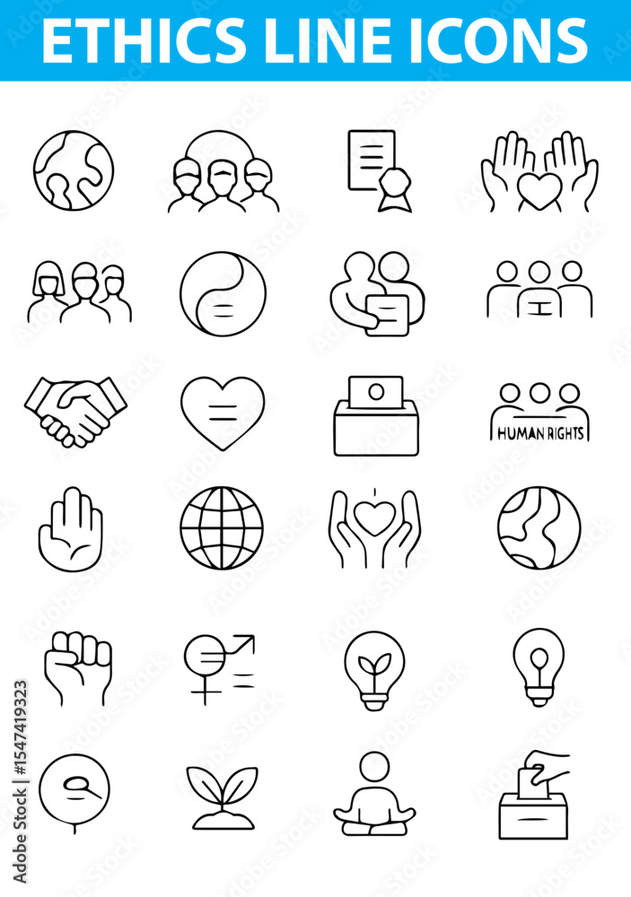Ethics Line Icons, Justice, Integrity, Fairness, Morality, Honesty, Responsibility, equal rights, integrity badge Delivered in editable EPS, Ai, jpg and transparent PNG formats.
Ethics Line Icons, Justice, Integrity, Fairness, Morality, Honesty, Responsibility, equal rights, integrity badge Delivered in editable EPS, Ai, jpg and transparent PNG formats.