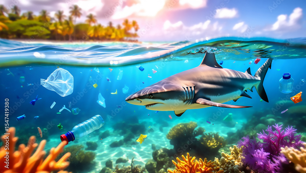Fototapeta premium Pollution in Paradise: Shark and Floating Trash