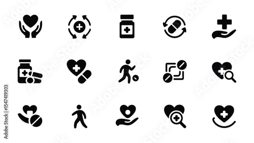 Set of 16 flat style medical and healthcare icons including heart, pills, cross, walking person, and hands representing health and wellness