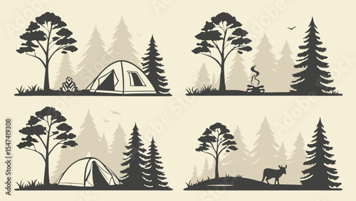 Vintage Forest Camping Silhouettes Set Outdoor Adventure Illustrations with Tents Campfires Deer and Pine Trees Nature Landscape Design