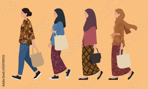 flat vector illustration of four women walking in side view combining indonesian traditional and modern fashion styles