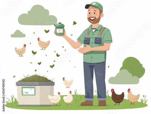 A vibrant flat design depicting a farmer tending to his chickens on a charming  pastoral farm  The scene showcases the farmer s dedication to caring for his and the tranquil