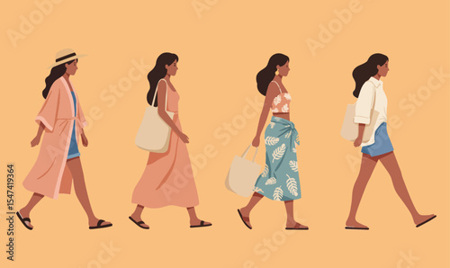 flat vector illustration of four women walking wearing breezy outfits and carrying tote bags