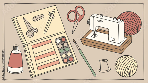 Hand-drawn flat lay illustration of diverse craft supplies sewing machine yarn scissors watercolors sketchbook glue on beige for creative DIY projects