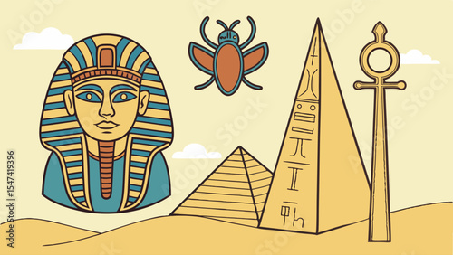Detailed Ancient Egypt flat design illustration with Pharaoh mask, Giza pyramids, scarab beetle, and ankh symbol in a desert scene. Historical vector art.