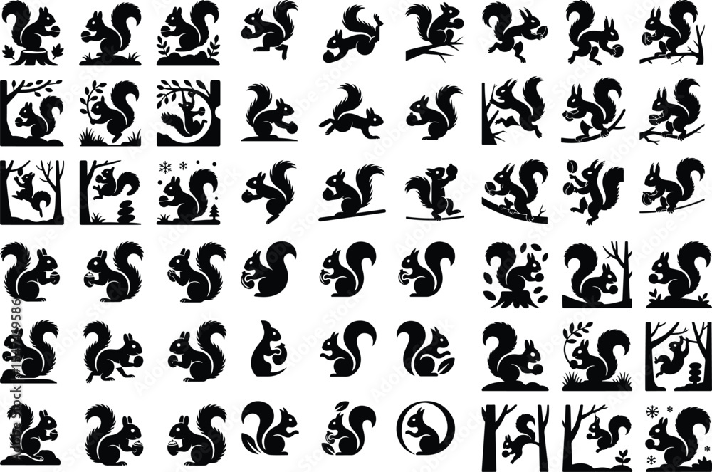 Fototapeta premium Nut-Holding Squirrel Vector Silhouette – Cute Wildlife Icons Squirrel Holding Nut Silhouette Set – Forest Animal Icon Pack