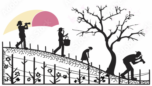 Graphic black and white illustration of people silhouettes performing various tasks in a vineyard, from observation to digging, with a large tree and sun.
