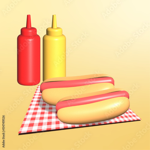 Hot dogs and sauce bottle
