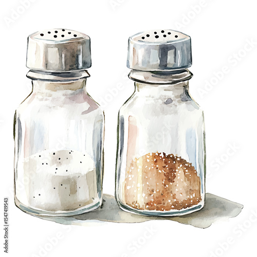 Watercolor illustration of salt and pepper shakers still life on transparent background vector png