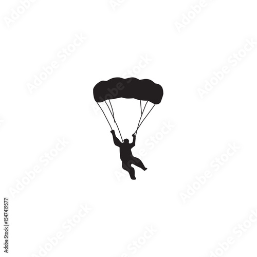 Silhouette of parachutist with parachute flying against white background illustration