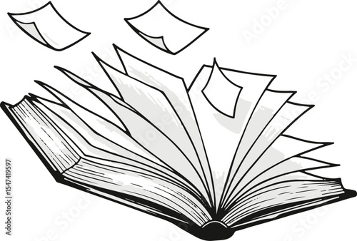 Open book with pages flying, a whimsical illustration of knowledge and learning.